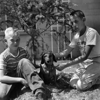 Russel Plaskow, his dog Moxie and his friend Dick Dillor at home in Korea