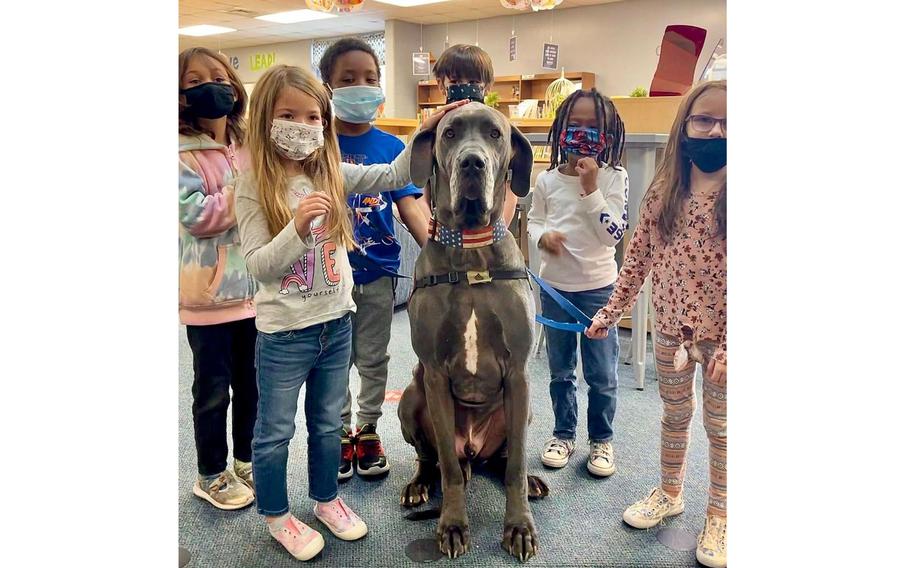 Maverick, shown here visiting students last year at Thayer Elementary School in Thayer, Miss. 