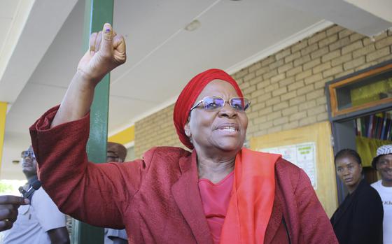 Namibia's vice president, Netumbo Nandi-Ndaitwah, of the ruling South West Africa People's Organization, (SWAPO) waves as she casts her vote in a presidential election in Windhoek, Namibia, Wednesday, Nov. 27, 2024. (AP Photo/Esther Mbathera)