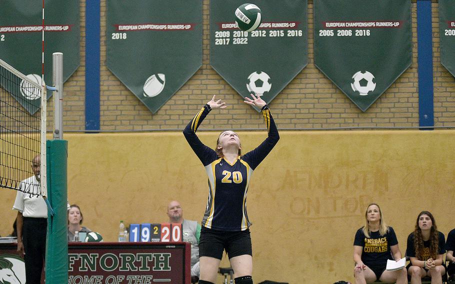 Ansbach's Natalie Ritter sets the ball in an Oct. 7, 2023, match against the Lions at AFNORTH in Brunssum, Netherlands.