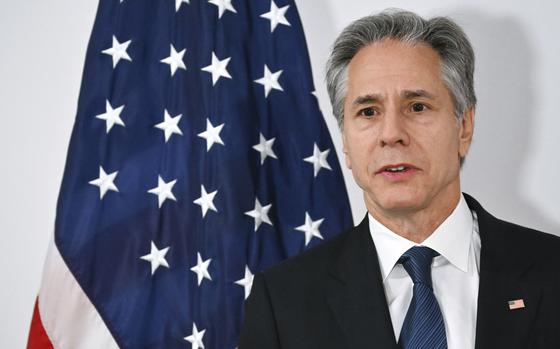 U.S. Secretary of State Antony Blinken looks on as he receives the Royal Order of the Polar Star ahead of the start of the 31st Organization for Security and Cooperation in Europe (OSCE) Ministerial summit, in Ta'Qali, Malta, Thursday, Dec. 5, 2024. (Alberto Pizzoli/Pool Photo via AP)