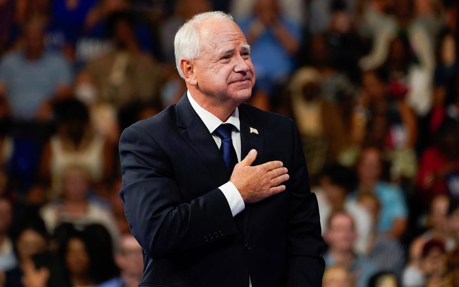 Tim Walz appears at a campaign event in Philadelphia on Aug. 6, 2024, after being announced as Kamala Harris’s running mate.