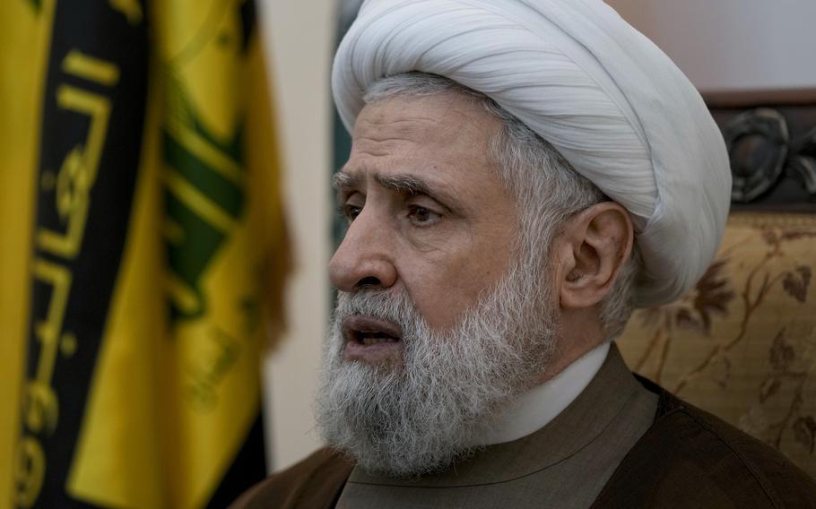 Hezbollah’s deputy leader Sheik Naim Kassem, speaks during an interview with The Associated Press in Beirut’s southern suburbs, Lebanon, Tuesday, July 2, 2024.