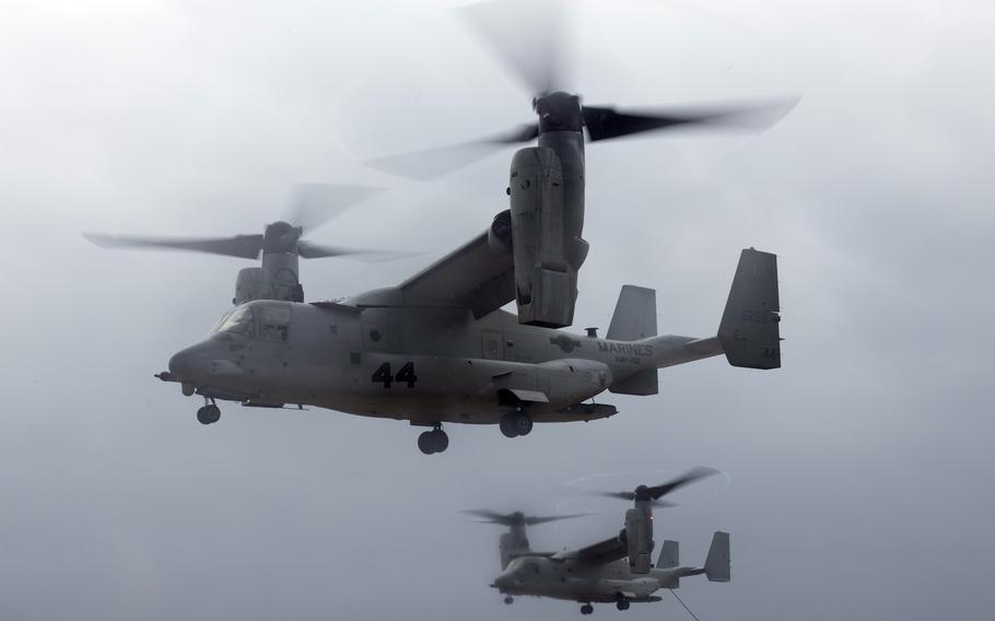 MV-22 Ospreys fly over Okinawa.