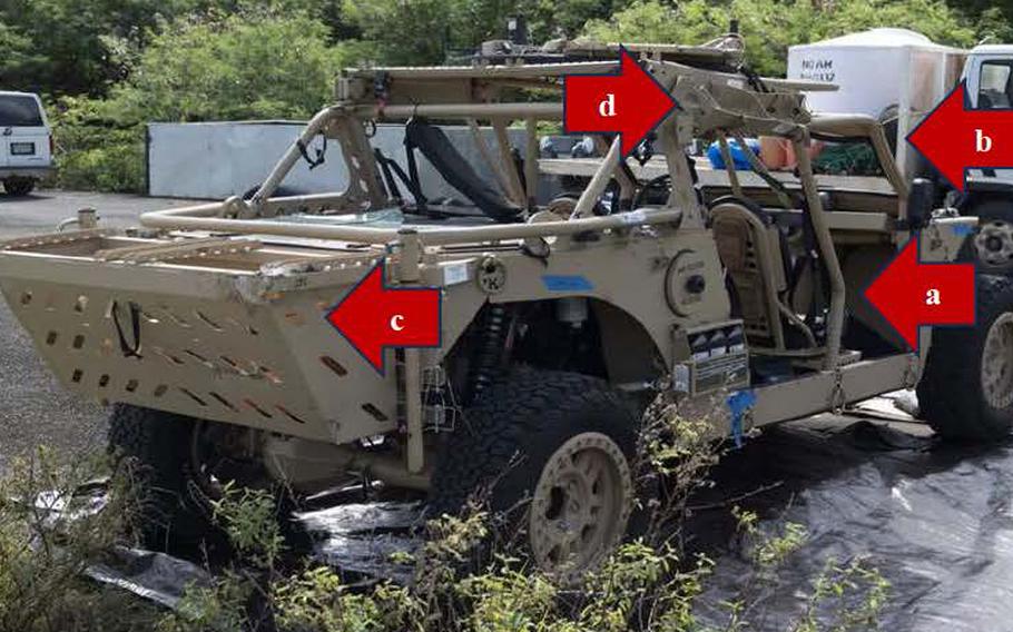 Red arrows indicate damage on a SRTV-SXV Tactical Vehicle that rolled over Feb. 17, 2023, in the Northern Mariana Islands and severely injured two airmen.
