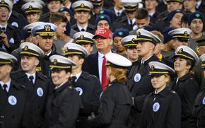 President Donald J. Trump stands with United States Naval Academy cadets during the 120th Army-Navy Game at Lincoln Financial Field in Philadelphia, Pa., Dec. 14, 2019. The United States Naval Academy defeated the United States Military Academy this year. (U.S. Army photo by Sgt. James Harvey)