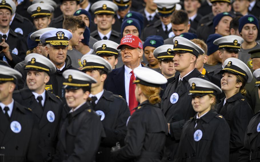 President Donald Trump and Naval Academy Midshipmen at the Army-Navy game in 2019.