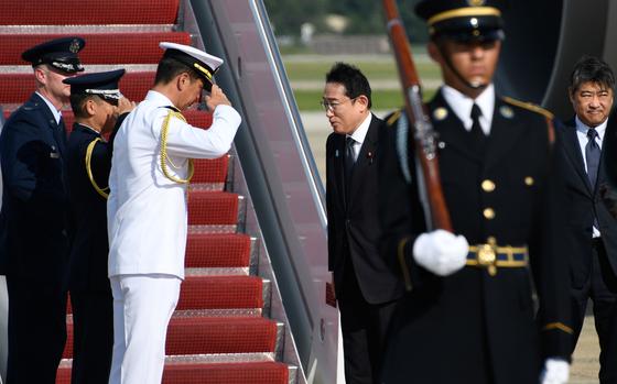 Fumio Kishida, Prime Minister of Japan, arrives at Joint Base Andrews, Md., Aug. 17, 2023. Kishida and South Korean President, Yoon Suk Yeol, will attend a first-of-its-kind trilateral meeting hosted by President Joe Biden at Camp David, Md., Aug. 18, 2023. (U.S. Air Force photo by Airman 1st Class Gianluca Ciccopiedi)