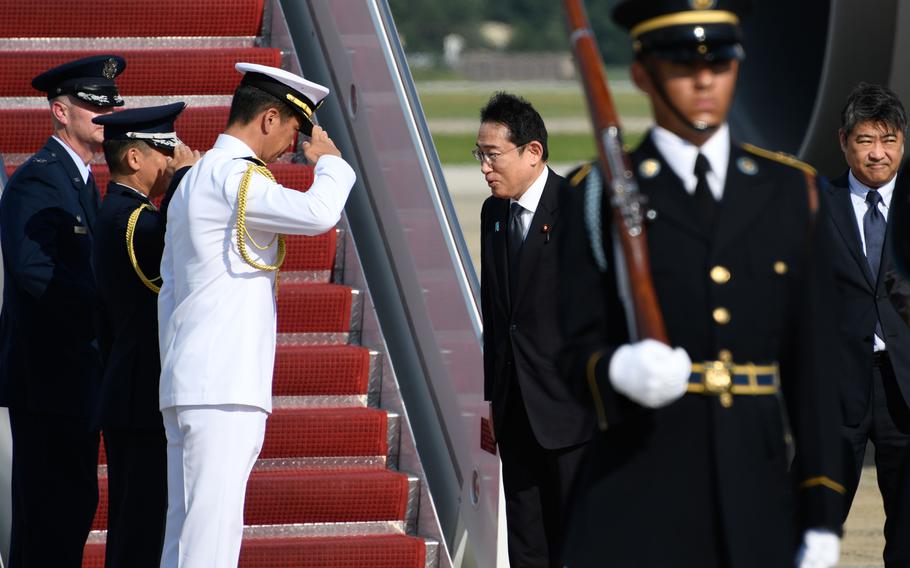 Fumio Kishida, Prime Minister of Japan, arrives at Joint Base Andrews, Md., Aug. 17, 2023. Kishida and South Korean President, Yoon Suk Yeol, attended a first-of-its-kind trilateral meeting hosted by President Joe Biden at Camp David, Md., Aug. 18, 2023. 