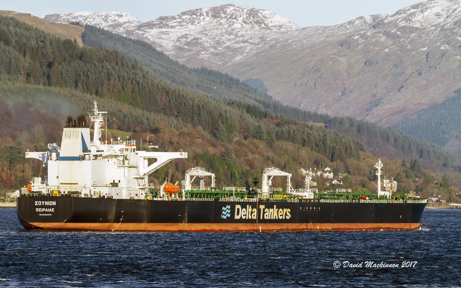 The Greek-flagged oil tanker Sounion is seen heading into the Finnart Ocean Terminal in the United Kingdom on Nov. 29, 2017. 