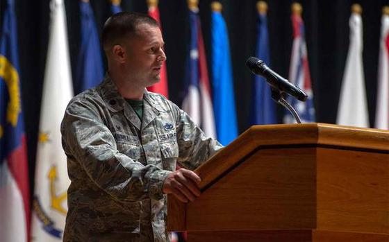 Then-Air Force Lt. Col Jeremiah Hammill is pictured in August 2018 relinquishing command of the 611th Civil Engineer Squadron during a ceremony at Joint Base Elmendorf-Richardson, Alaska. Hammill, now a colonel, was fired July 15, 2024, as commander of the 96th Test Wing Civil Engineer Group at Eglin Air Force Base, Fla.
