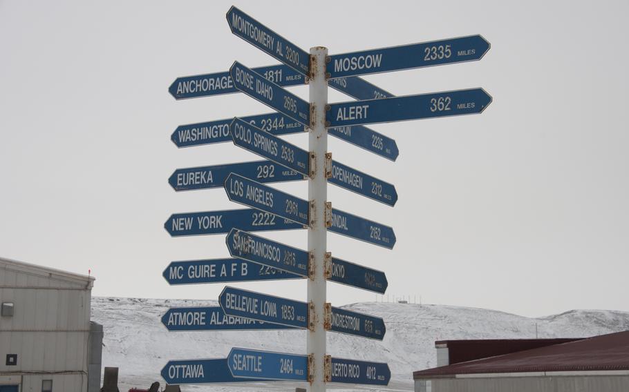 A signpost reads out how far Thule base in Greenland is from places such as Seattle, Puerto Rico, Ottawa and Moscow. 