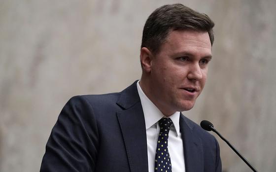 U.S. Deputy Assistant Attorney General for Civil Division Brett A. Shumate speaks during the investiture ceremony for U.S. District Judge Trevor N. McFadden on April 13, 2018, at the U.S. District Court in Washington, D.C.  (Alex Wong/TNS)