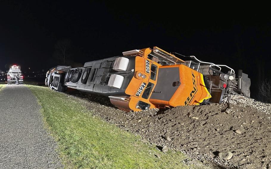 A derailed BNSF train on the Swinomish tribal reservation near Anacortes, Wash., on March 16, 2023.