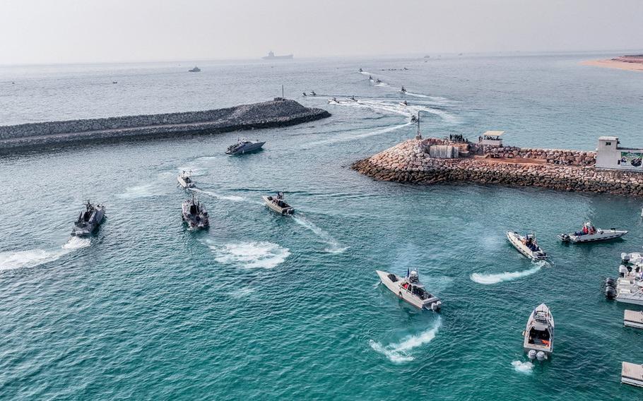 Islamic Revolutionary Guard Corps (IRGC) speedboats during an exercise in Abu Musa Island on Aug. 2, 2023. 