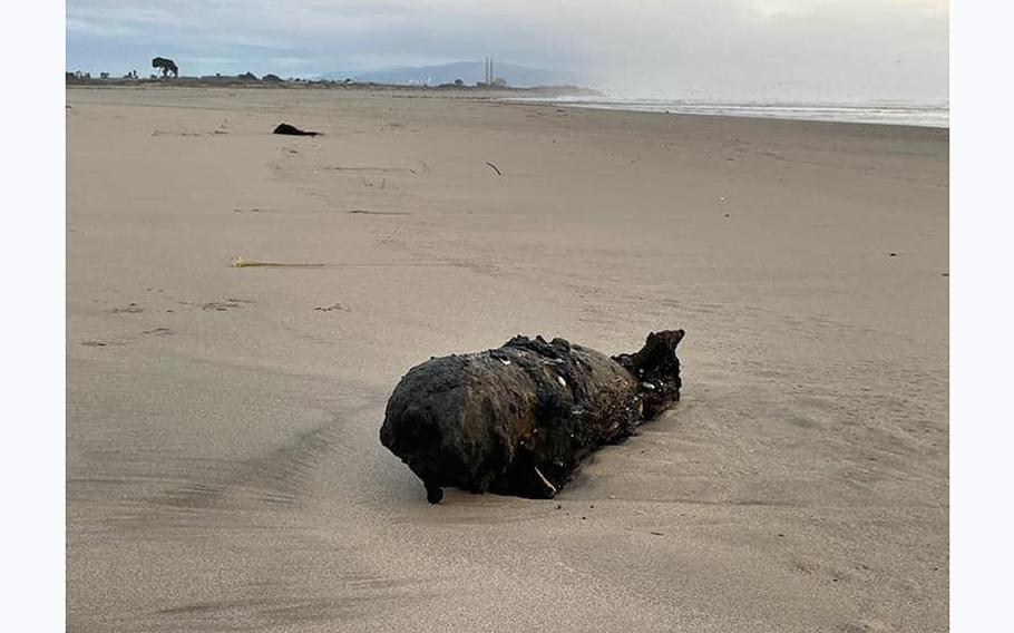 An inert bomb lies on Pajaro Dunes in Santa Cruz County, Calif., after recent storms washed it ashore and before eExplosive ordnance personnel from Travis Air Force Base removed it.