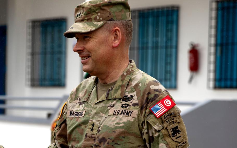 Maj. Gen. Todd Wasmund, commanding general of U.S Army Southern European Task Force - Africa, wears the unit patch with the "Africa" bar on a visit to Bizerte, Tunisia, training sites on May 9, 2024, during the African Lion exercise. 