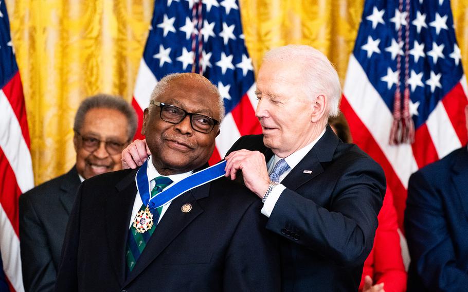 President Joe Biden awards the nation’s highest civilian honor, the Presidential Medal of Freedom, to Rep. James E. Clyburn, D-S.C. on Friday, May 3, 2024