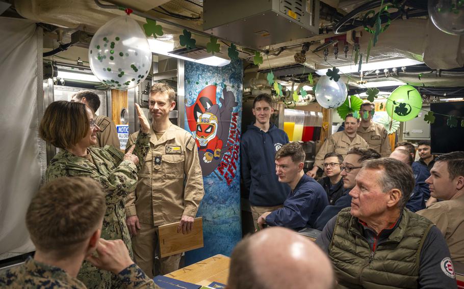 Adm. Lisa Franchetti, chief of naval operations, speaks with sailors on the USS Indiana on March 13, 2024.