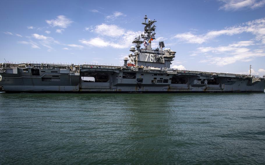 The USS Ronald Reagan arrives at Naval Air Station North Island, Calif., July 23, 2024, ahead of a crew and aircraft swap with the USS George Washington.