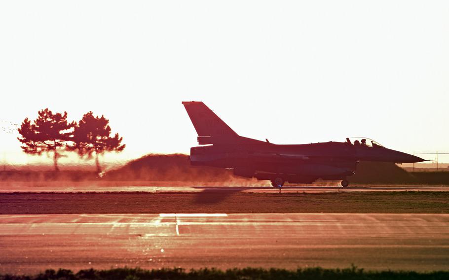 An 80th Fighter Squadron pilot lands an F-16 Fighting Falcon at Kunsan Air Base, South Korea, Oct. 8, 2019.