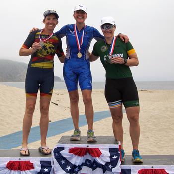 From left to right: Marine Col. Christine Houser of MCB Camp Pendelton; Air Force Maj. Esther Willet of F.E. Warren AFB, Wyo.; and Army Maj. Christyn Gaa of Fort Bliss, Texas, on top of the podium for the women’s masters division of the 2024 Armed Forces Triathlon Championships.