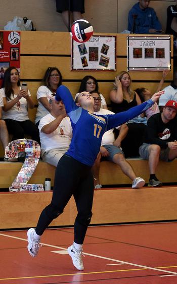 Wiesbaden's Bailey Foulk serves during a match against Kaiserslautern on Sept. 21, 2024, at Kaiserslautern High School in Kaiserslautern, Germany.