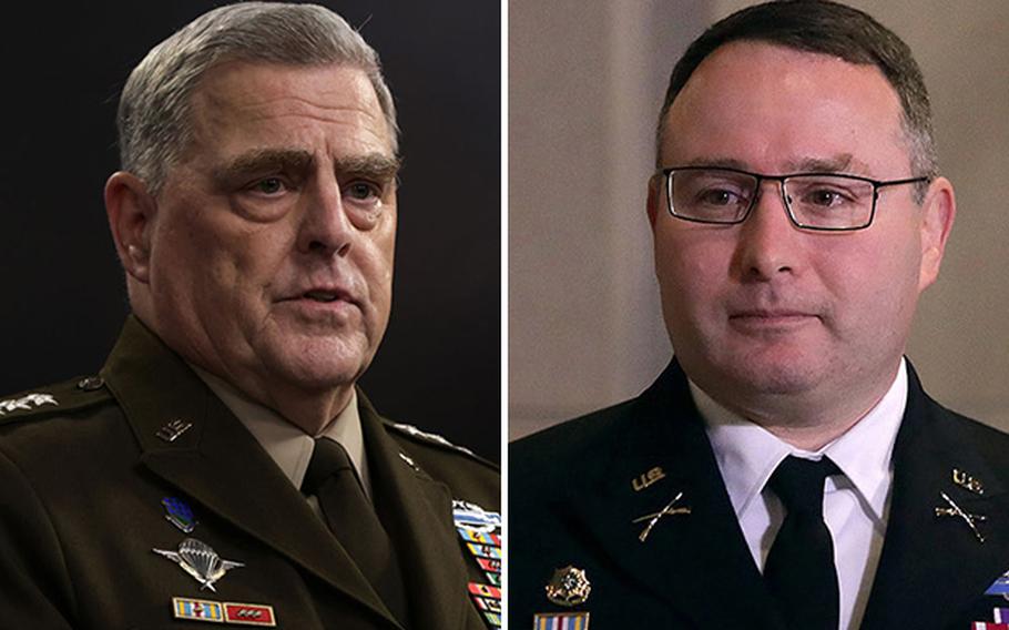 Chairman of the Joint Chiefs of Staff Army Gen. Mark Milley, left, and now retired Lt. Col. Alexander Vindman.  