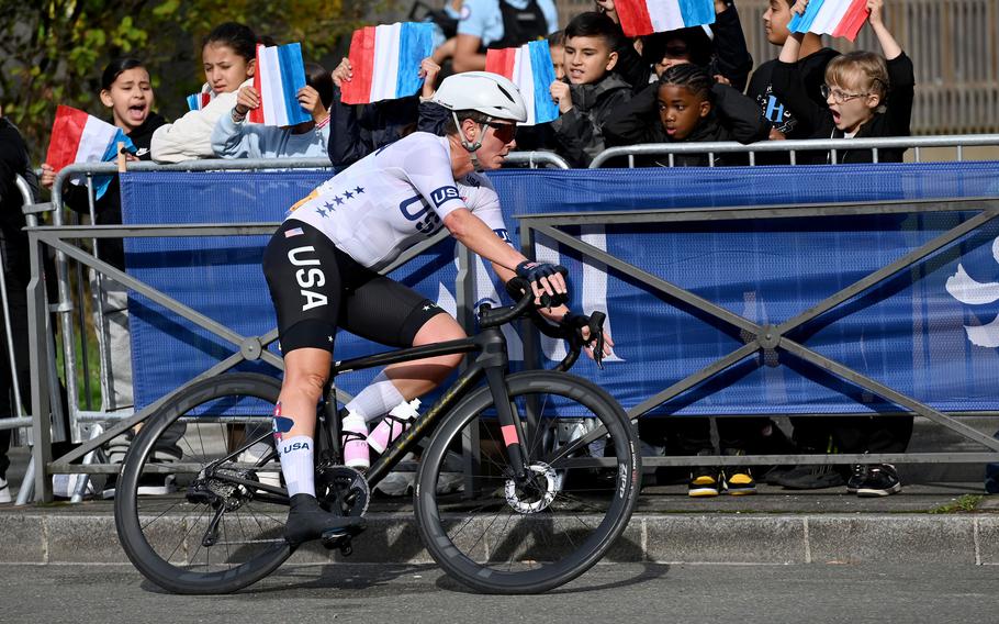 The USA's Shawn Morelli takes a corner during the C4-5 road race at the 2024 Paris Paralympics in Clichy-sous-Bois, France, on Sept. 6, 2024.