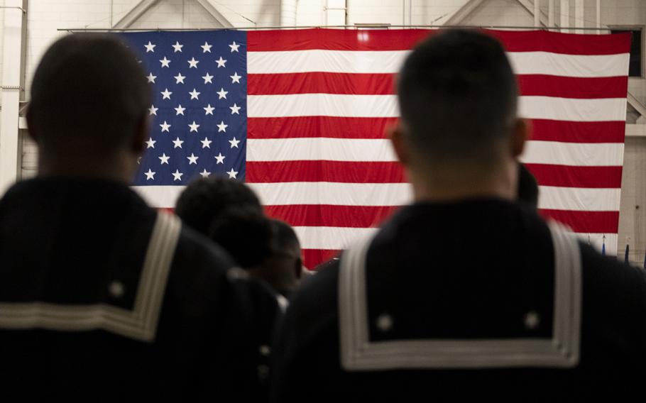 Sailors at Naval Station Norfolk in Norfolk, Va., on Feb. 3, 2023.