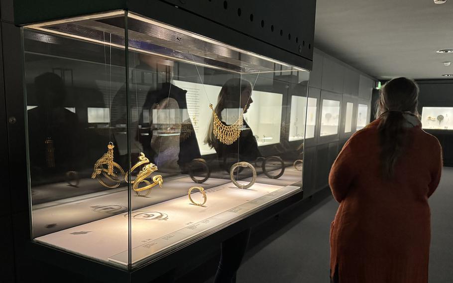 A case displaying gold jewelry, some of it dating back nearly 5,000 years, at the Pforzheim Jewelry Museum in Pforzheim, Germany. A free tour in German is available to visitors every Sunday at 3 p.m.