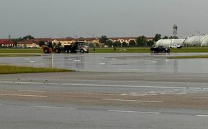 Parts of Aviano Air Base’s flight line are waterlogged after a storm swept through the area on July 12, 2024.