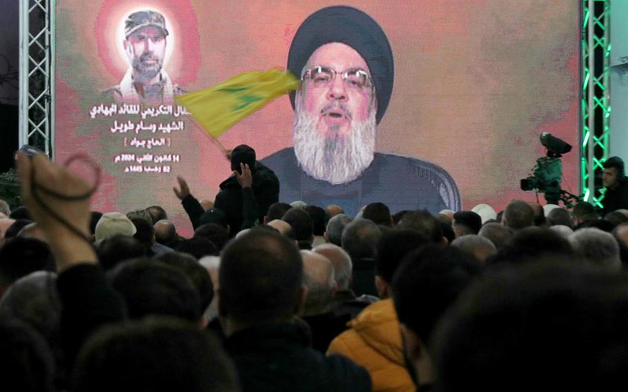 Hezbollah leader Hassan Nasrallah delivers a televised speech in Kherbet Selm in southern Lebanon on Jan. 14, 2024.