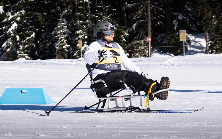 A competitor competes in the cross country skiing event