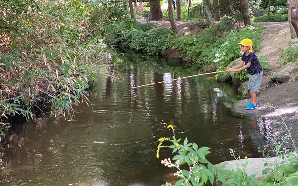 Using a whole cucumber as bait, a child tries his luck at catching a kappa at Kappabuchi Pool in Tono, Japan.