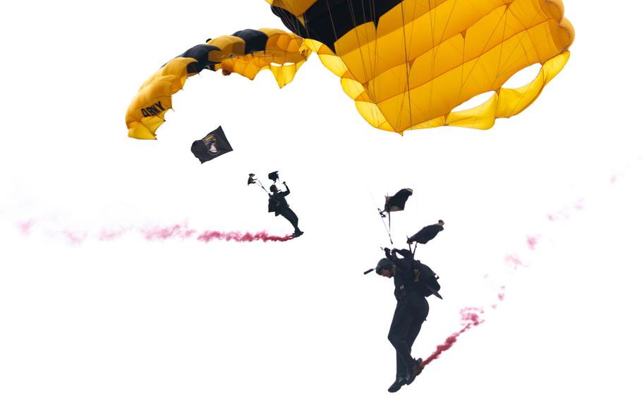 The U.S. Army Parachute Team, known as the Golden Knights, participates in D-Day commemoration events in Normandy on June 2, 2024.