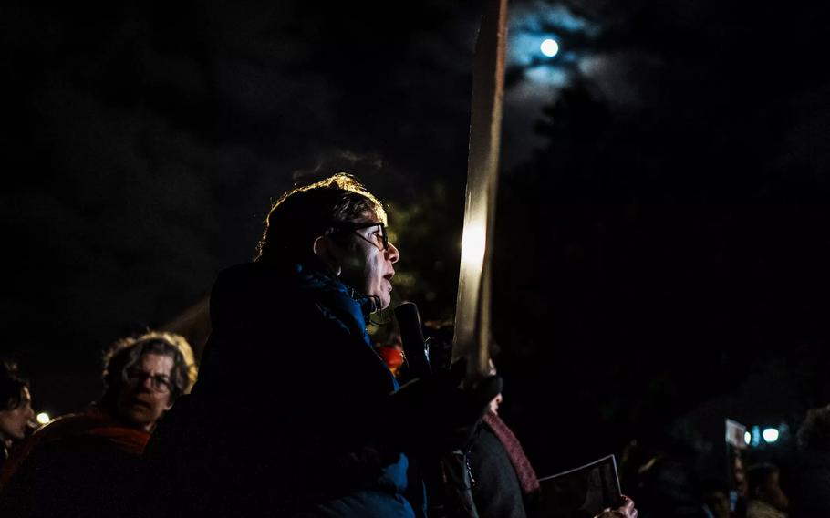 Gabriela Leimberg, 59, who survived captivity as a hostage in Gaza, joins others in Jerusalem on Wednesday, Jan. 24, 2024, in protesting and raising awareness for hostages who are still trapped in Gaza.