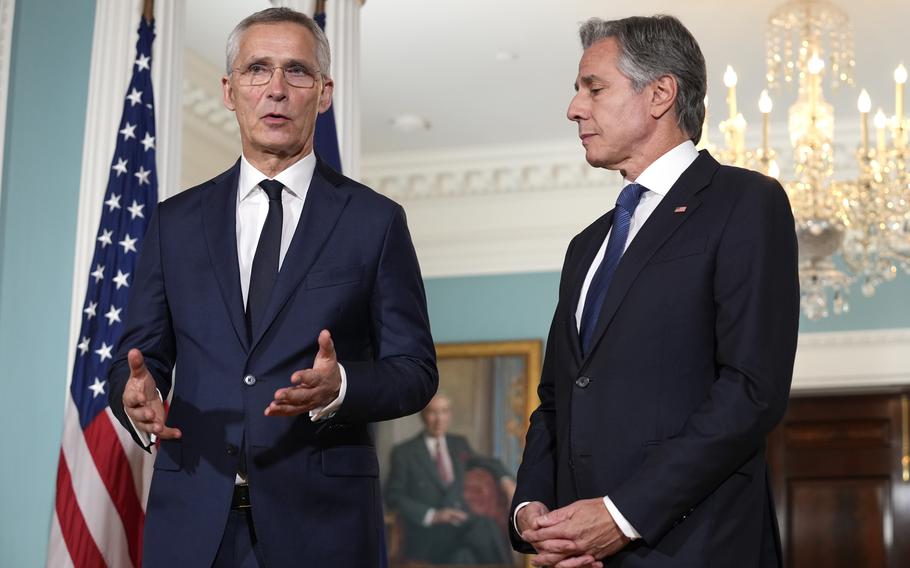 Outgoing NATO Secretary General Jens Stoltenberg, left, speaks as Secretary of State Antony Blinken listens during a meeting, Tuesday, July 9, 2024, at the State Department in Washington. 