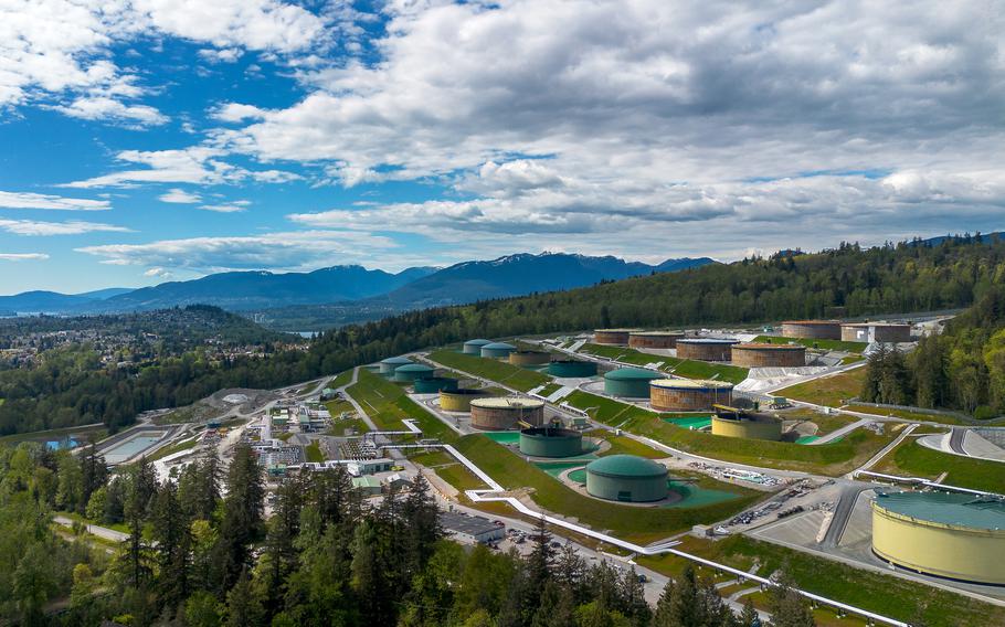 Storage tanks at the Burnaby Terminal near the end point of the Trans Mountain Pipeline in Burnaby, British Columbia. 