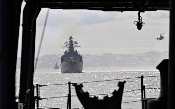 A warship takes part in the Kumzha naval exercise held by the Russian navy for attendees of the Military Academy of the General Staff of the Russian Armed Forces, in the Barents Sea, Russia, on May 24, 2024. A Russian naval flotilla is currently conducting exercises off the Florida coast.