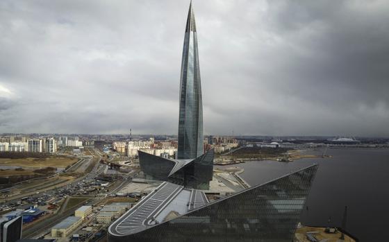 FILE - A view of the business tower Lakhta Centre, the headquarters of Russian gas monopoly Gazprom in St. Petersburg, Russia, April 27, 2022.  (AP Photo/Dmitri Lovetsky, File)