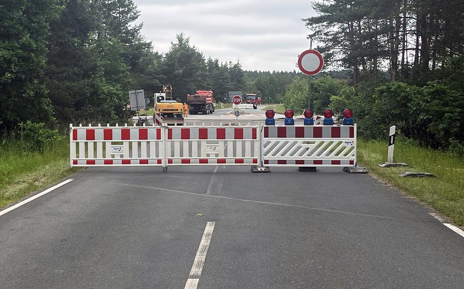 A road near U.S. Army Garrison Bavaria's Tower Barracks in Grafenwoehr, Germany, is closed June 3, 2024, after extensive flooding in the surrounding area. 