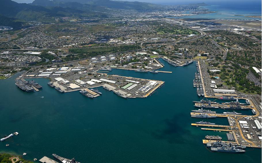 An aerial view of ships moored at Joint Base Pearl Harbor-Hickam and Ford Island during the Rim of the Pacific exercise on July 5, 2024. 