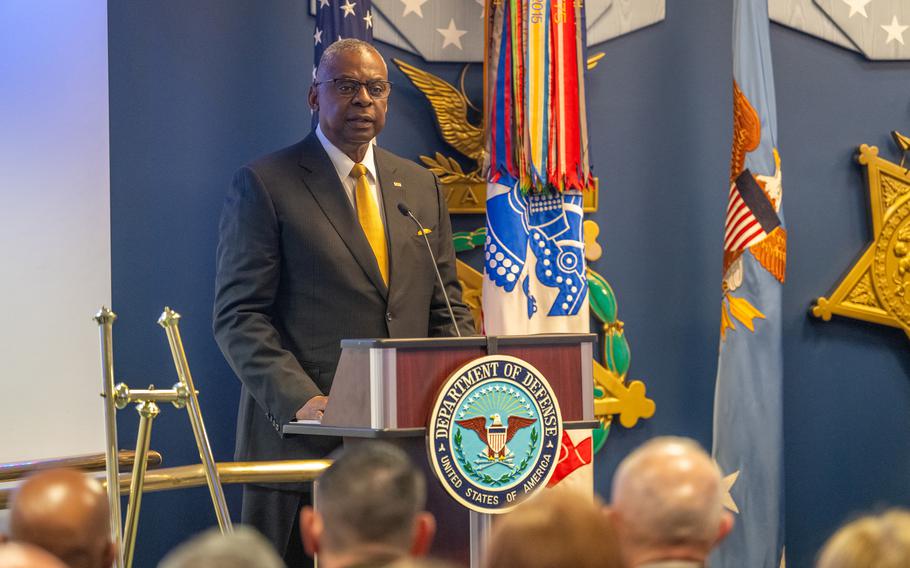 Secretary of Defense Lloyd J. Austin III gives his remarks during the Hall of Heroes Induction Ceremony honoring U.S. Army Pvts. Philip G. Shadrach and George D. Wilson at the Pentagon in Arlington, Va., July 4, 2024. 