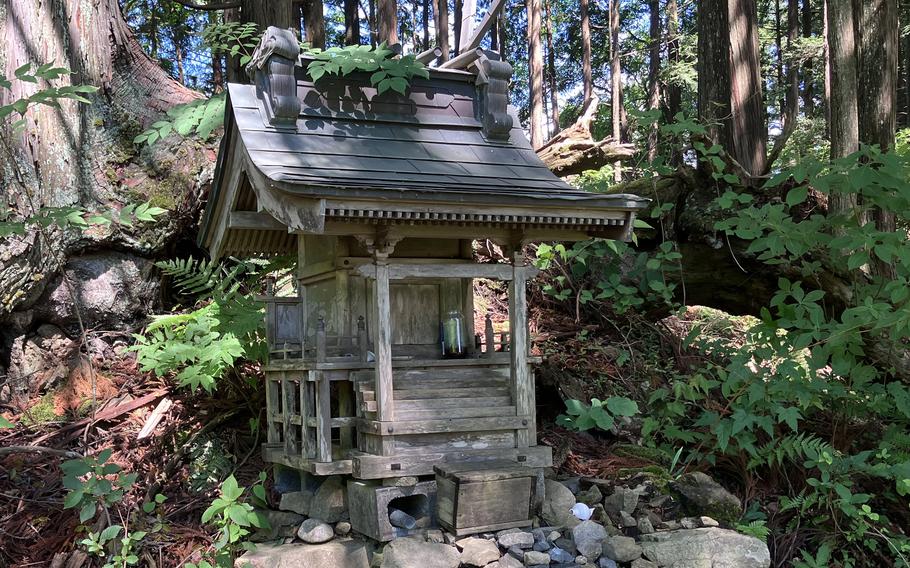 A small, trailside shrine stands on the forested slope above Hatonosu, Japan, May 28, 2024.
