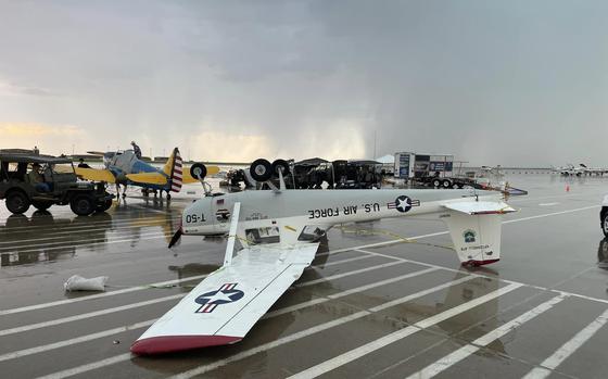 A slow-moving storm brought wind gusts in excess of 50 mph to the McConnell flight line, according to a statement from McConnell Air Force Base.