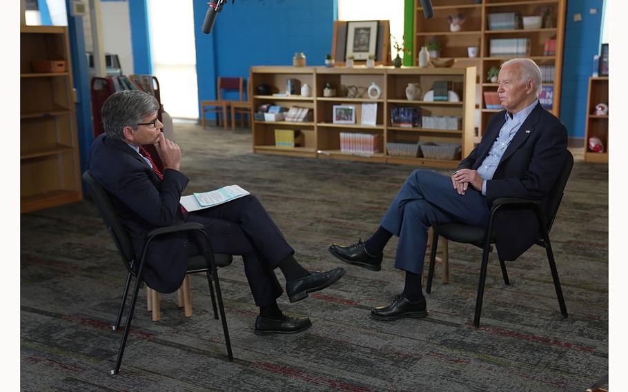 President Joe Biden, right, speaks with “This Week” anchor George Stephanopoulos on Friday, July 5, 2024, in Madison, Wisconsin. 