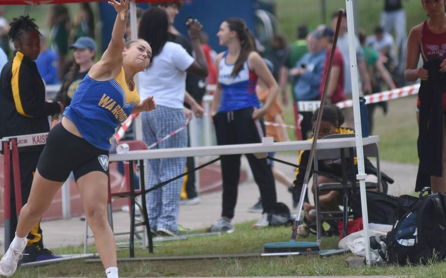 Wiesbaden junior Natalia Bergdorf, throwing in only her third meet of the year, won the shot put with a toss of 32 feet, 3.5 inches at the DODEA-Europe track and field championships in Kaiserslautern, Germany, on Thursday, May 23, 2024.