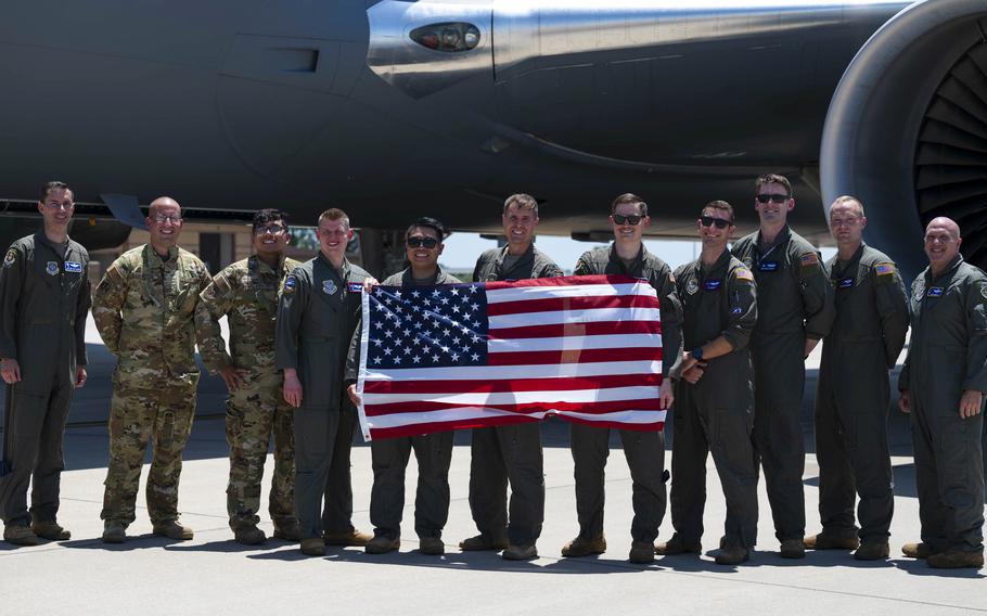Project Magellan crew members pose in front of a KC-46A at McConnell Air Force Base, Kan., July 1, 2024. The aircraft executed the world’s first nonstop, KC-46A Pegasus westbound circumnavigation endurance flight, called Project Magellan.