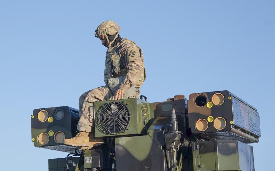 A soldier conducts training on the Avenger defense system 